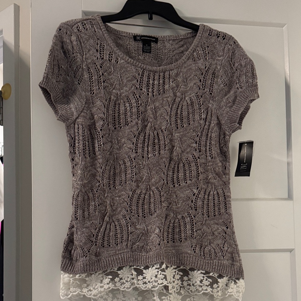 INC International Concepts Gray Knit Top with Lace Detail